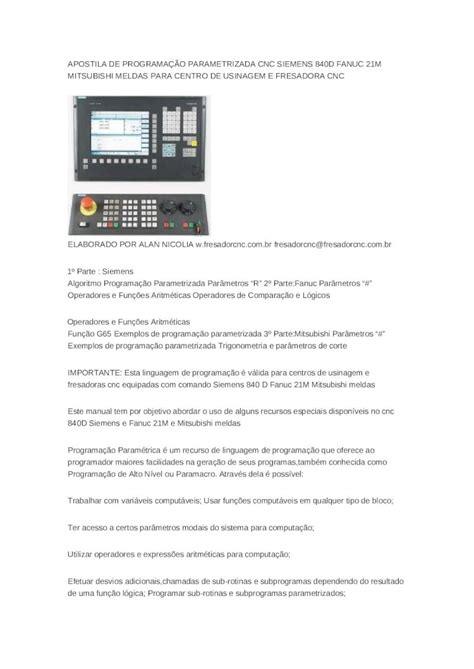 apostila programação cnc centro de usinagem|Apostila parametrizada cnc siemens 840d fanuc 21m .